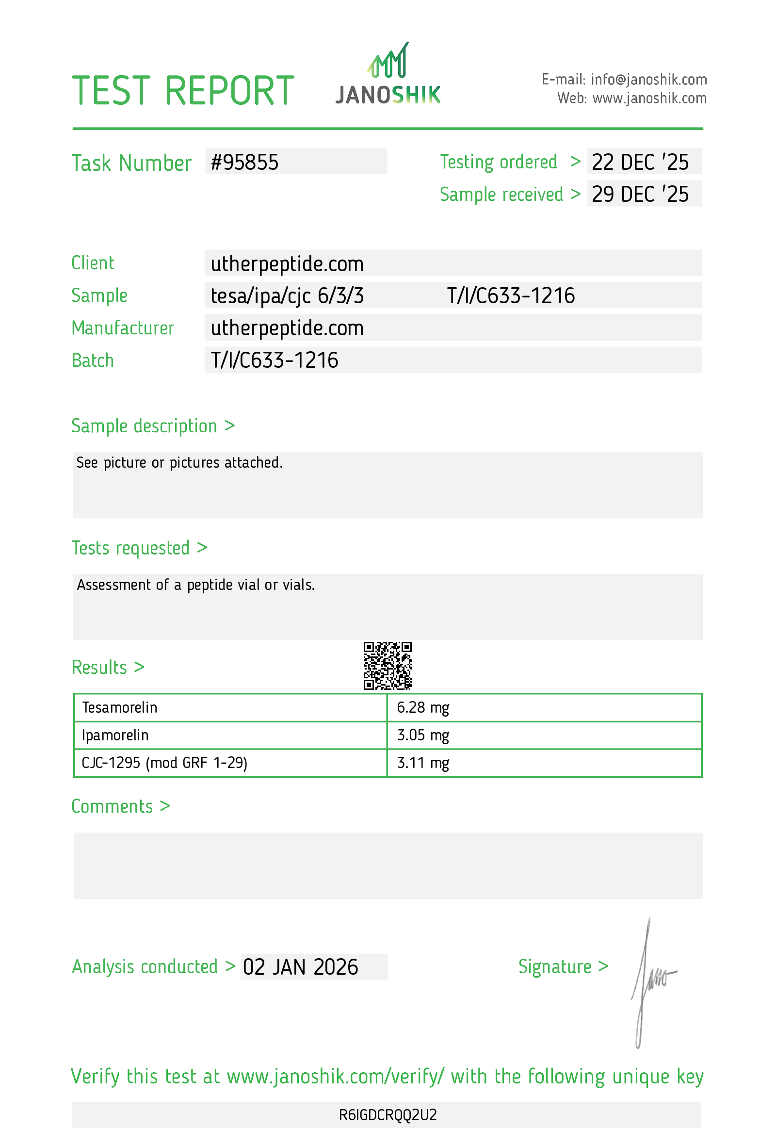Tesamorelin / Ipamorelin / CJC-1295 No DAC 6/3/3 Certificate of Analysis
